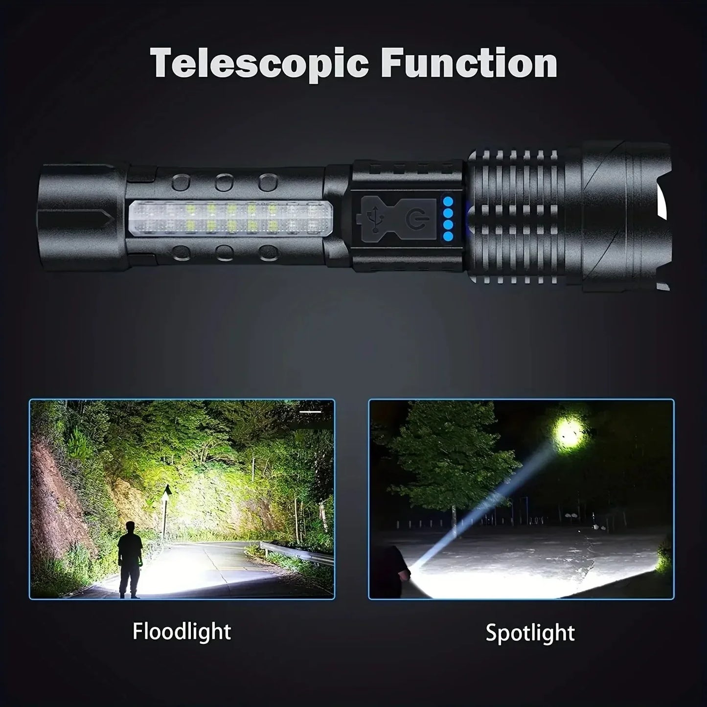 1pc Super Powerful Rechargeable Torch Flood Light With Side Light For Outdoor Camping, Fishing, Hunting, Climbing, Adventure Eme
