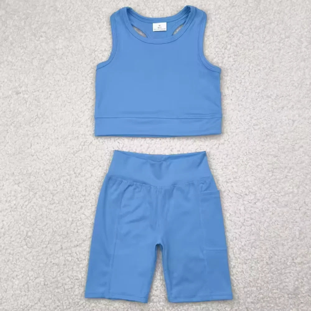 Girls Baby Sportswear Yoga Baseball Team Outfit Blue Star Sleeveless Dress Shorts Set - Kids Fitness Clothes Toddler Athletic