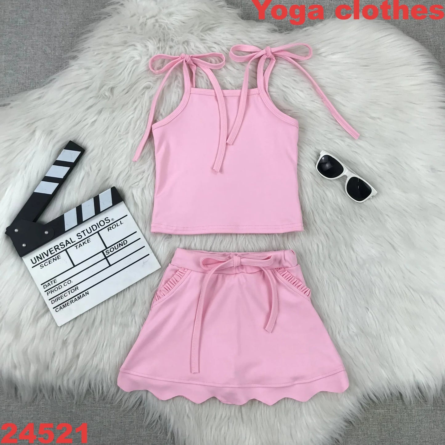 Yoga fitness Baby Girl Clothing Active Toddler Short Sleeves Shirt Shorts Skirt Kids Wear Shorts Ruffle Skorts Set Pink Clothes
