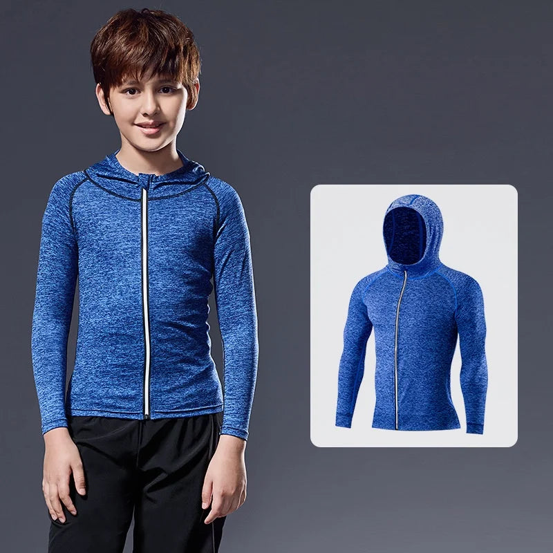 Fitness Clothing Children's Long-Sleeved Hooded Zip Jacket Sportswear Stretchy Quick-Drying Running Ball Training Badminton Tops