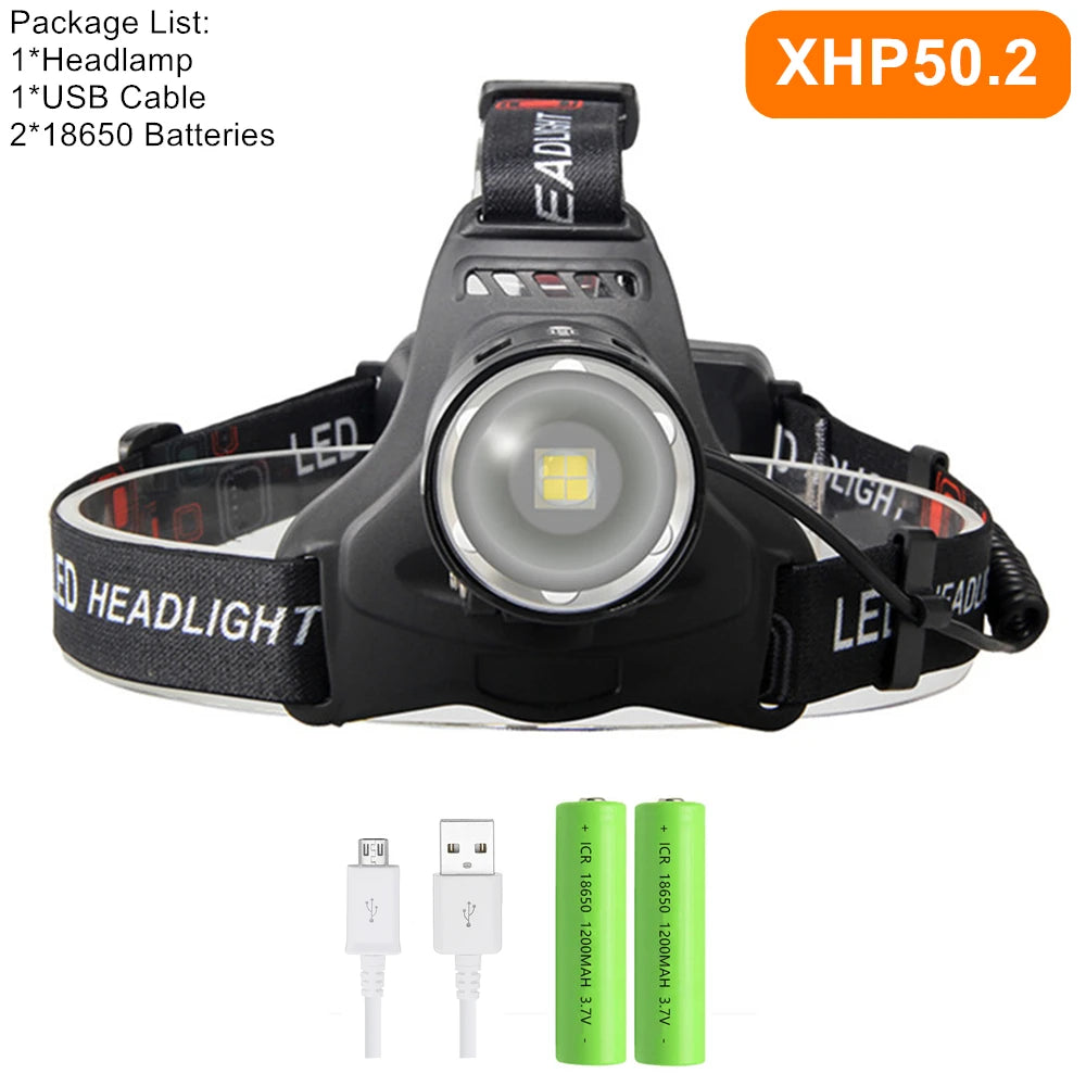 Powerful XHP70.2 XHP50.2 Led Headlamp Headlight Zoom Head Lamp Flashlight Torch 18650 battery USB Rechargeable Fishing Lantern