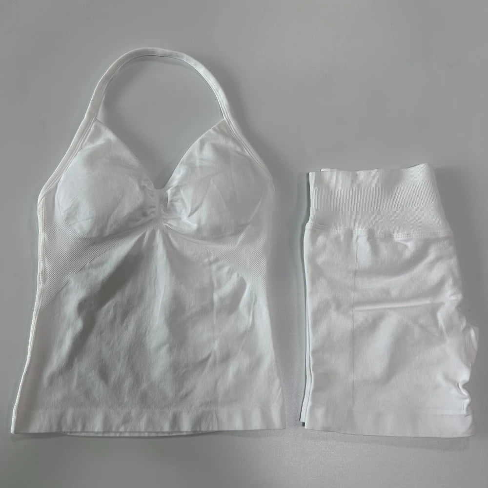 No Logo 2Pcs Gym Set Women Backless Tank Tops High Waist Scrunch Seamless Shorts Gym Suit Fitness Clothes Activewear Workout Set