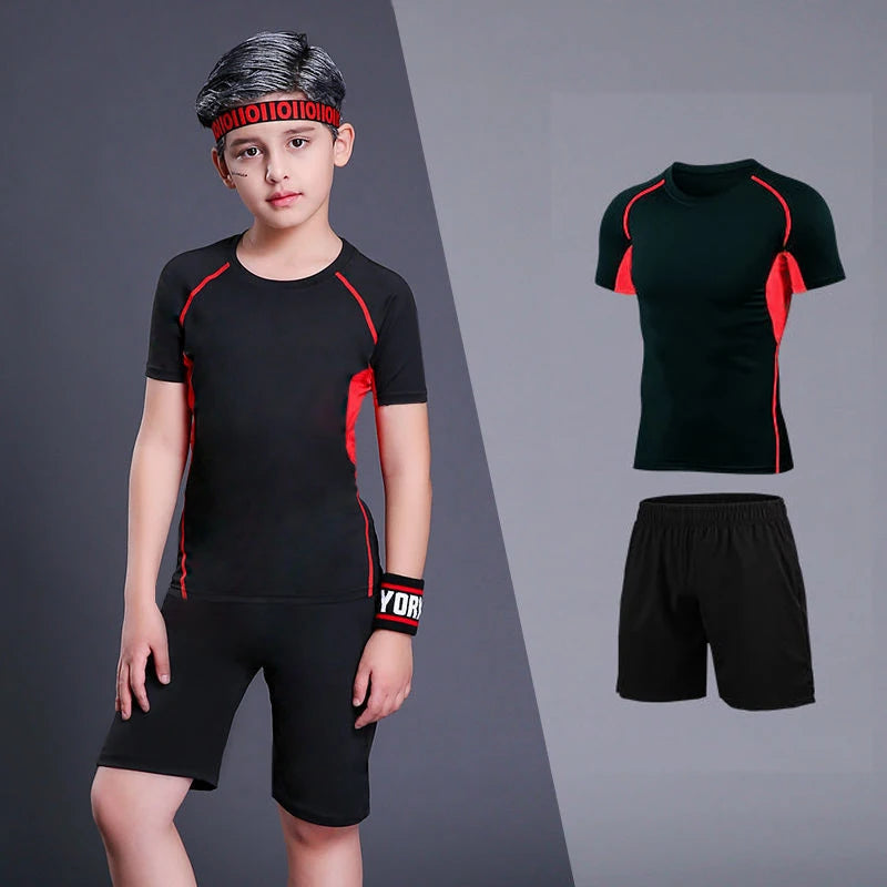 Kid's MMA T-shirts+Pants Set Rashguard For Boy Children Sportsuit Fitness Gym MMA Clothing Compression Tights Muay Thai Shorts