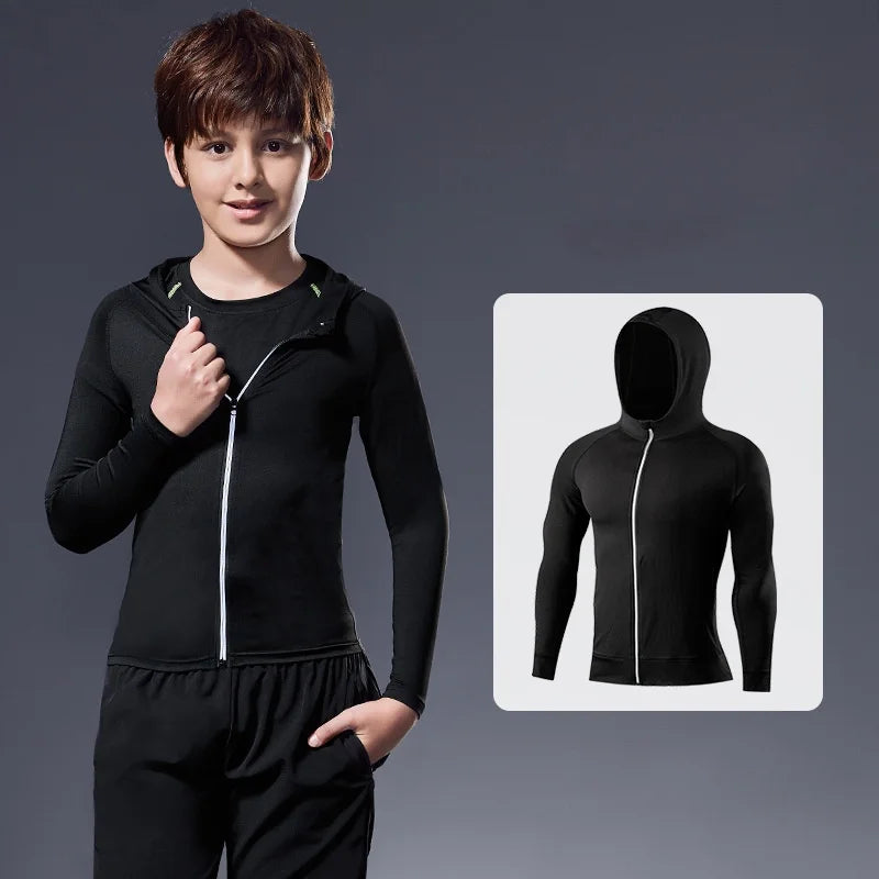 Fitness Clothing Children's Long-Sleeved Hooded Zip Jacket Sportswear Stretchy Quick-Drying Running Ball Training Badminton Tops