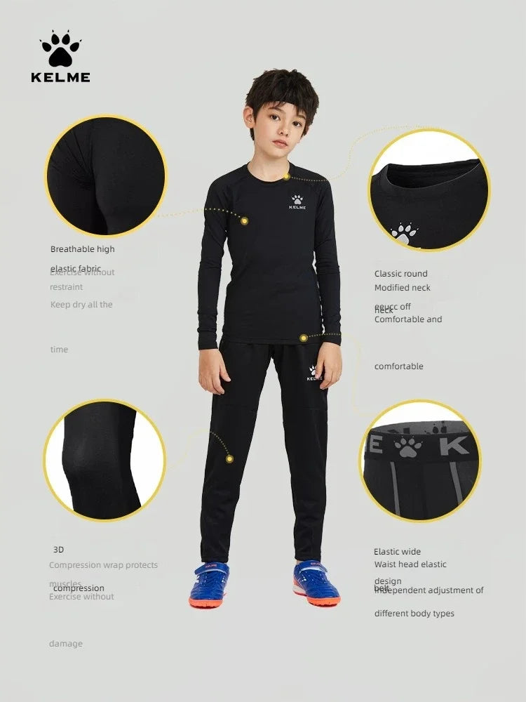 Kelme Children's Tights Suit Men And Girls Sports Training Clothing Breathable Soccer Fitness Bottoming T-shirt Kids Warm Sports
