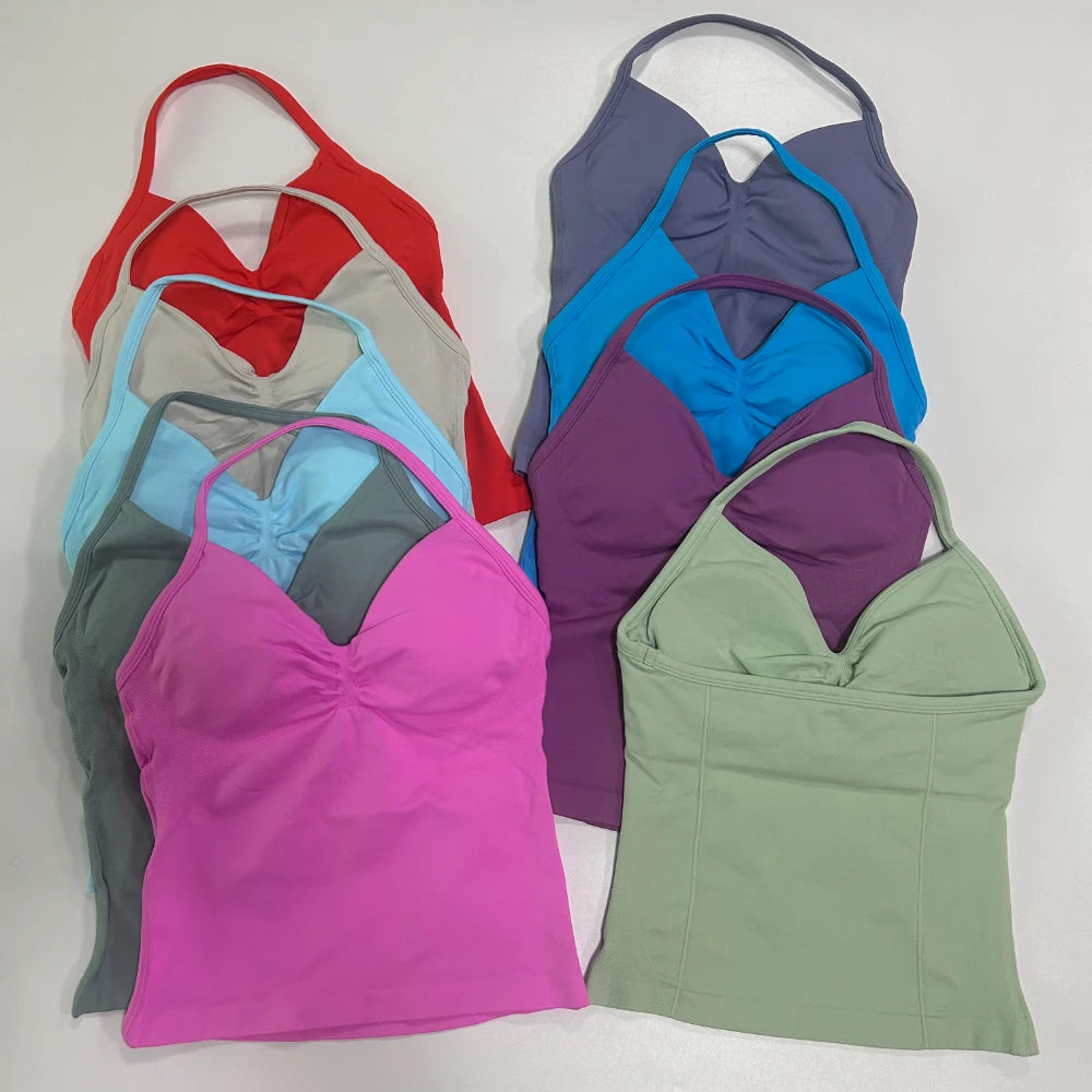 No Logo 2Pcs Gym Set Women Backless Tank Tops High Waist Scrunch Seamless Shorts Gym Suit Fitness Clothes Activewear Workout Set