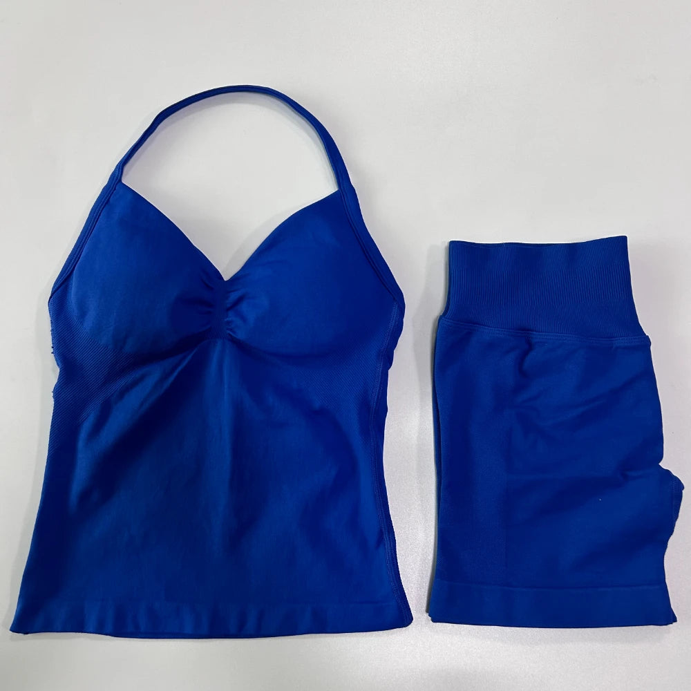 No Logo 2Pcs Gym Set Women Backless Tank Tops High Waist Scrunch Seamless Shorts Gym Suit Fitness Clothes Activewear Workout Set