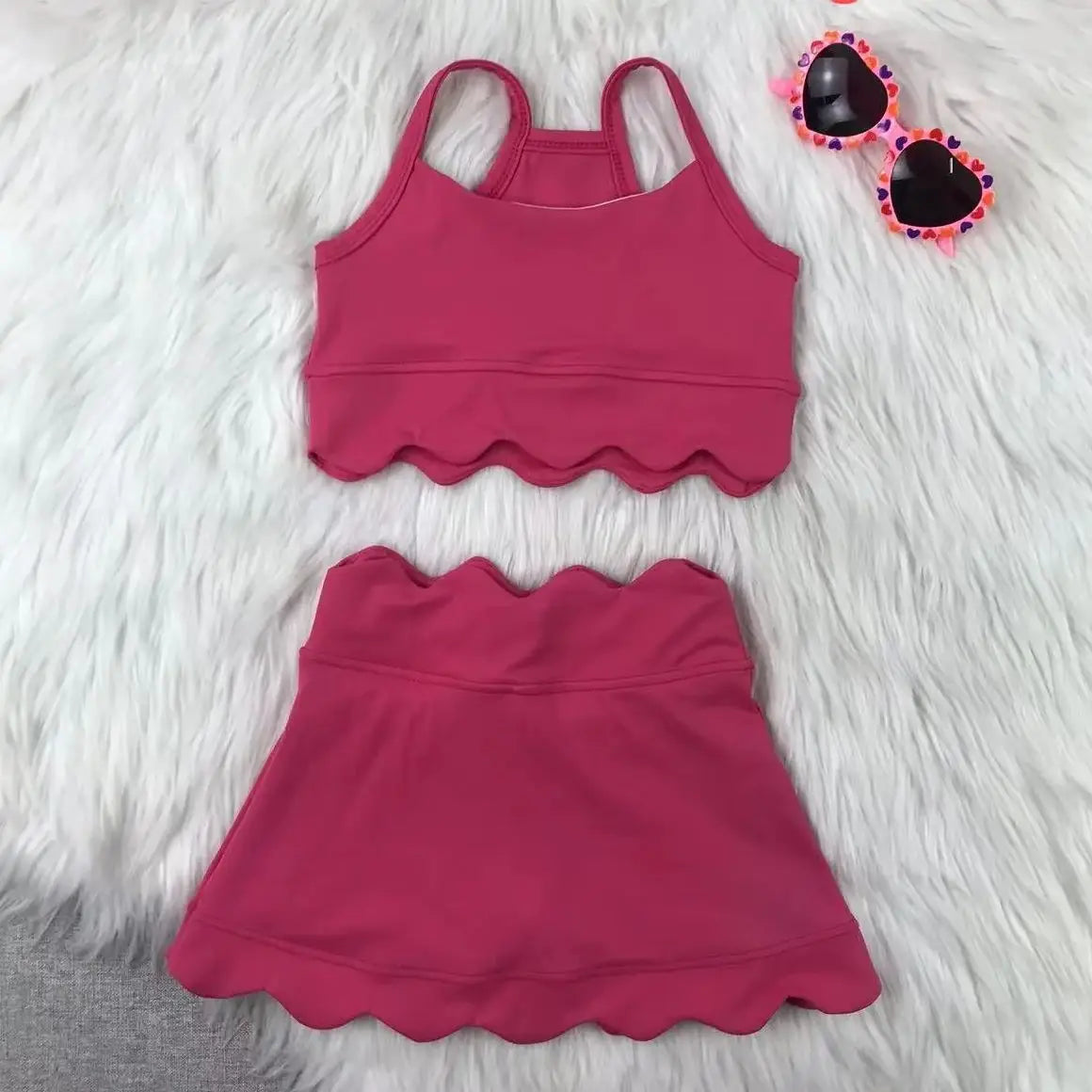 2025 Yoga fitness Baby Girl Clothing Active Toddler Short Sleeves Shirt Shorts Skirt Kids Shorts Ruffle Skorts Set Pink Clothes