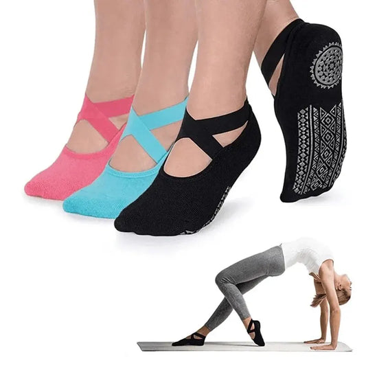 Bandage Yoga Socks for Women Pilates Ballet Dance Cotton Socks Non-Slip Woman Sport Sock Gym Workout Slipper Running Grip Sock