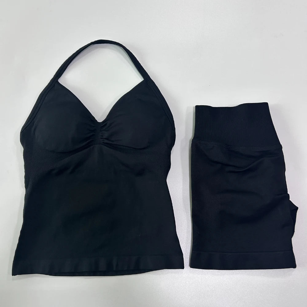 No Logo 2Pcs Gym Set Women Backless Tank Tops High Waist Scrunch Seamless Shorts Gym Suit Fitness Clothes Activewear Workout Set