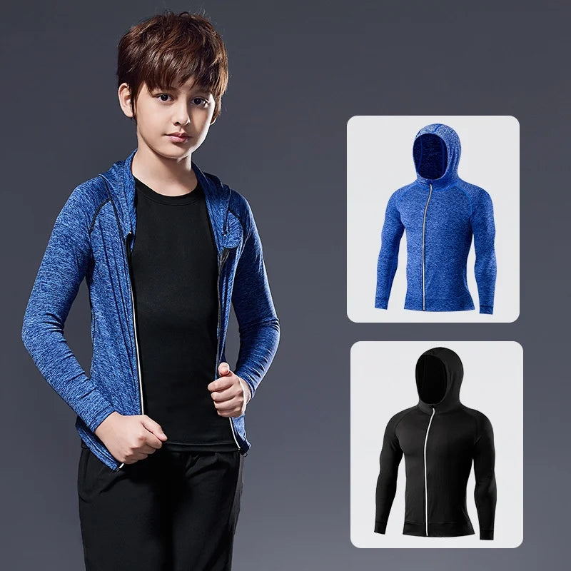 Fitness Clothing Children's Long-Sleeved Hooded Zip Jacket Sportswear Stretchy Quick-Drying Running Ball Training Badminton Tops