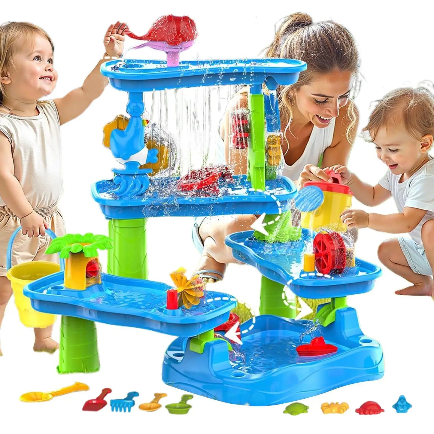 Kids Water Table 6-Tier Water Sand Play Table Rotatable Activity Pool 13 Pieces Toy Accessories for Kids Ages 3-8 Birthday Gifts
