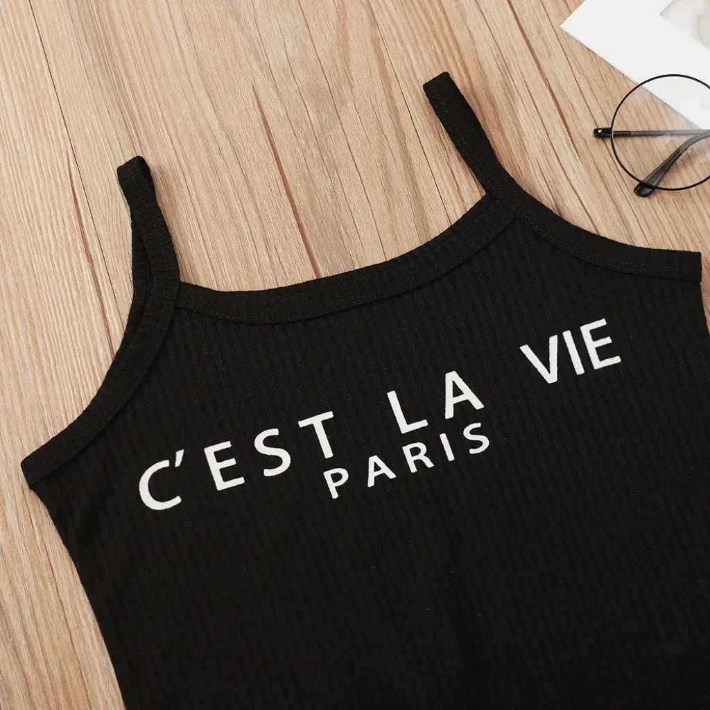 black sleeveless strap jumpsuit baby girls kids clothes letters fitness streetwear bodysuit pants open back playsuit 3 o 10 yrs