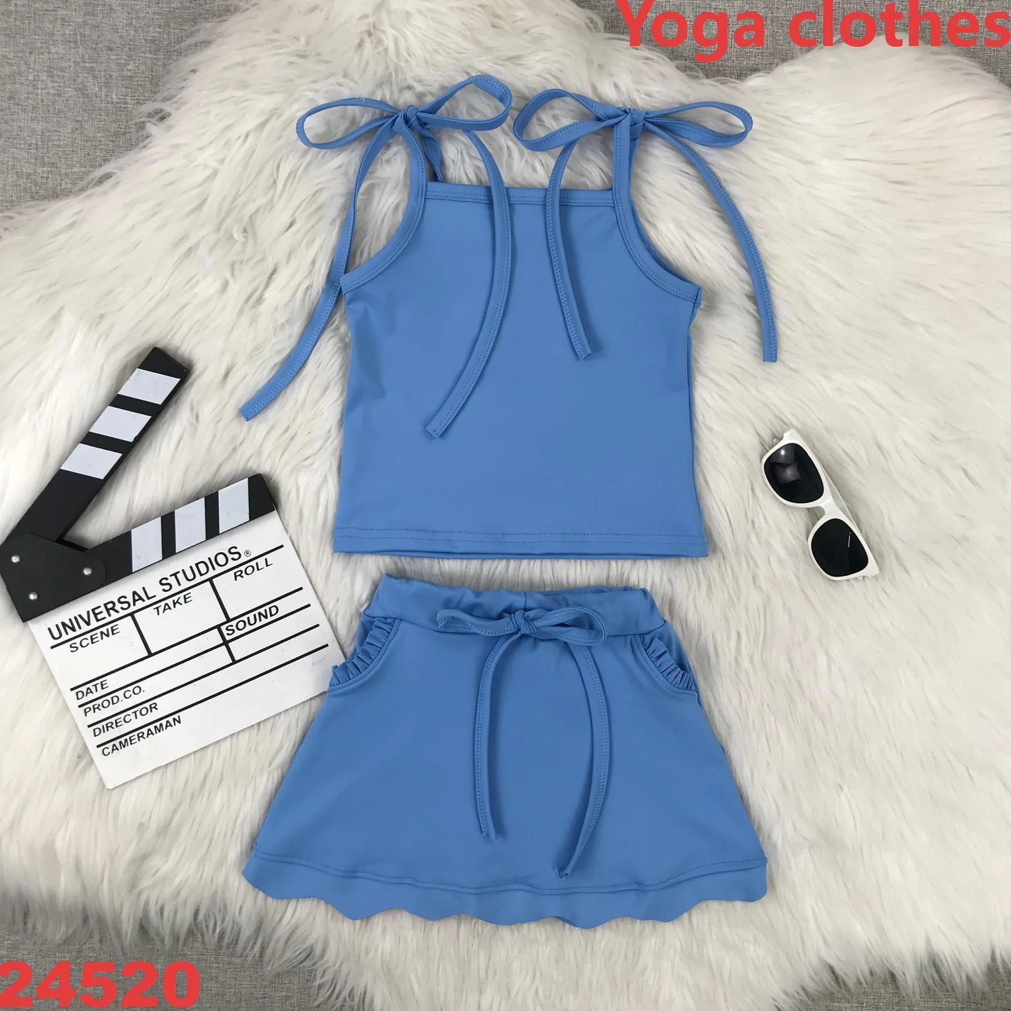 Blue Yoga fitness Baby Girl Clothing Active Toddler Short Sleeves Shorts Skirt Kids Wear Shorts Ruffle Skorts Set Pink Clothes