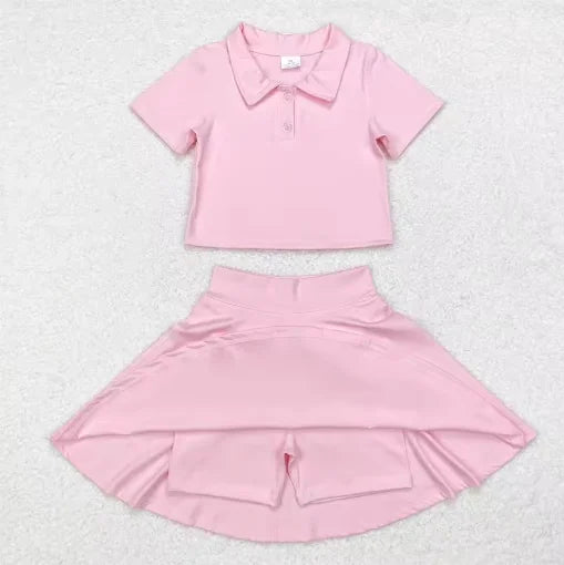 2025 Yoga fitness Baby Girl Clothing Active Toddler Short Sleeves Shirt Shorts Skirt Kids Shorts Ruffle Skorts Set Pink Clothes