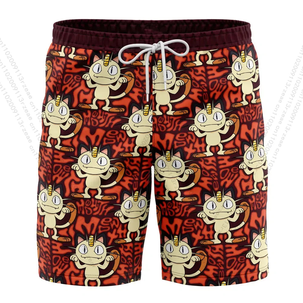 Latest Anime Pokemon Meowth Fitness Shorts Men's Boys Cosplay Print Casual Street Breathable Clothes Print Swim Shorts