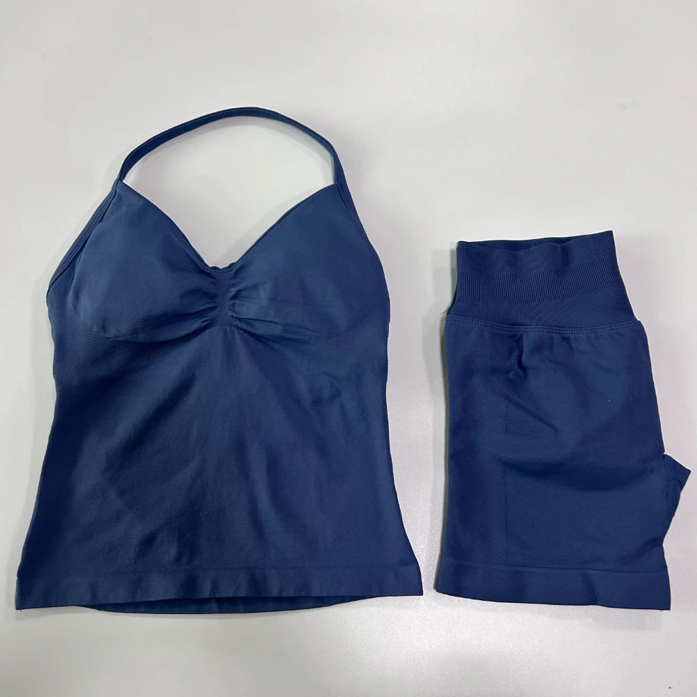 No Logo 2Pcs Gym Set Women Backless Tank Tops High Waist Scrunch Seamless Shorts Gym Suit Fitness Clothes Activewear Workout Set
