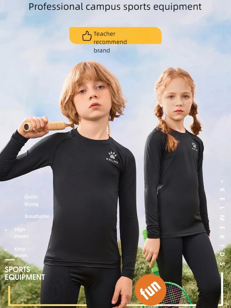 Kelme Children's Tights Suit Men And Girls Sports Training Clothing Breathable Soccer Fitness Bottoming T-shirt Kids Warm Sports