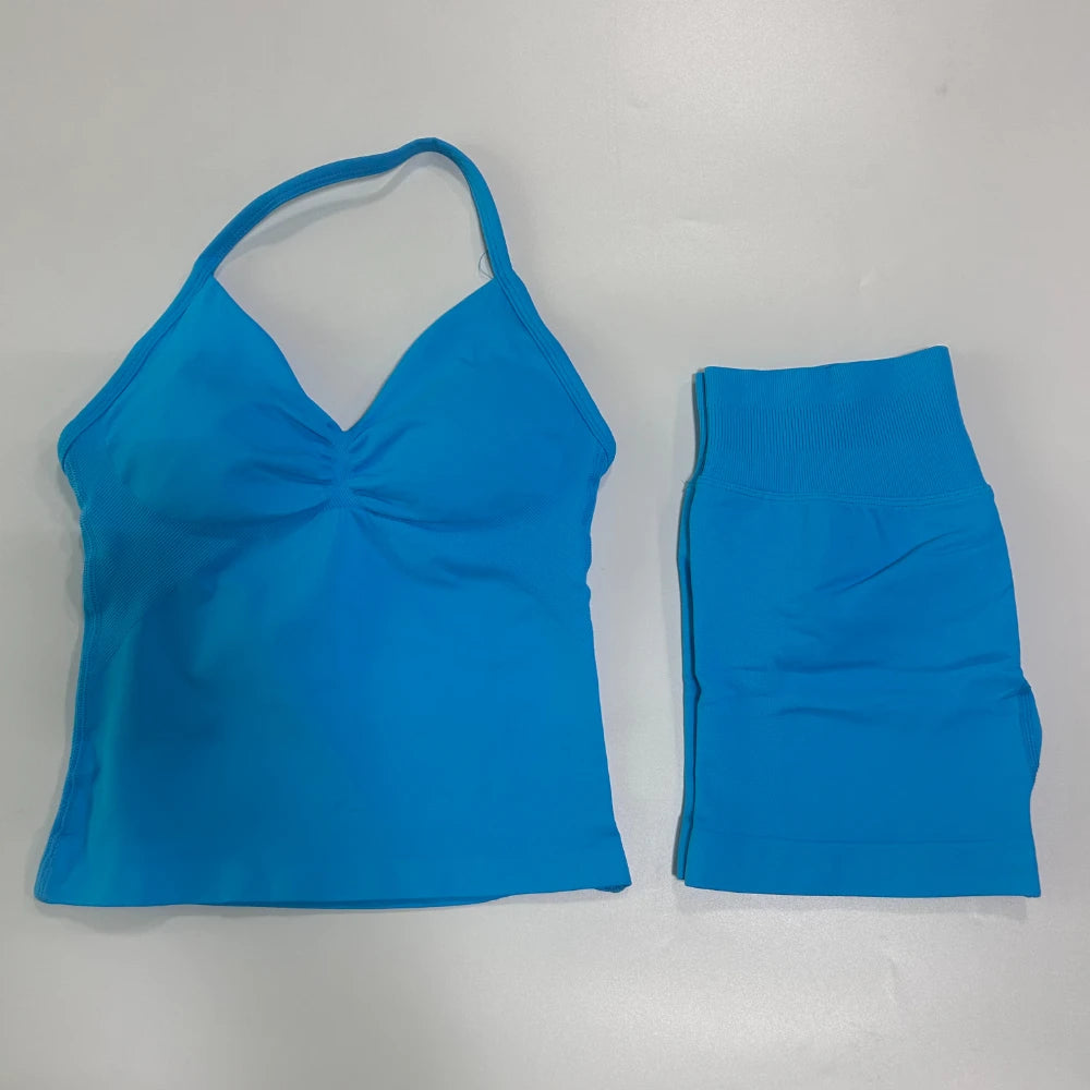 No Logo 2Pcs Gym Set Women Backless Tank Tops High Waist Scrunch Seamless Shorts Gym Suit Fitness Clothes Activewear Workout Set