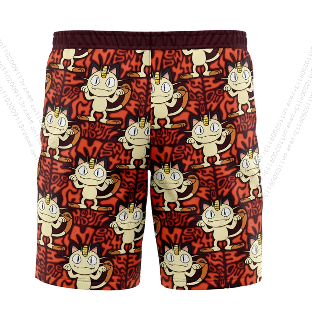 Latest Anime Pokemon Meowth Fitness Shorts Men's Boys Cosplay Print Casual Street Breathable Clothes Print Swim Shorts
