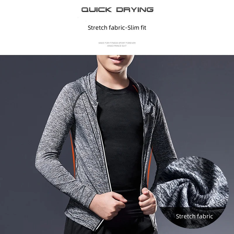 Fitness Clothing Children's Long-Sleeved Hooded Zip Jacket Sportswear Stretchy Quick-Drying Running Ball Training Badminton Tops