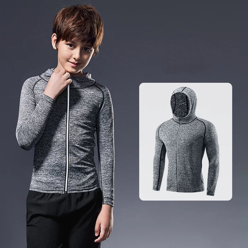 Fitness Clothing Children's Long-Sleeved Hooded Zip Jacket Sportswear Stretchy Quick-Drying Running Ball Training Badminton Tops