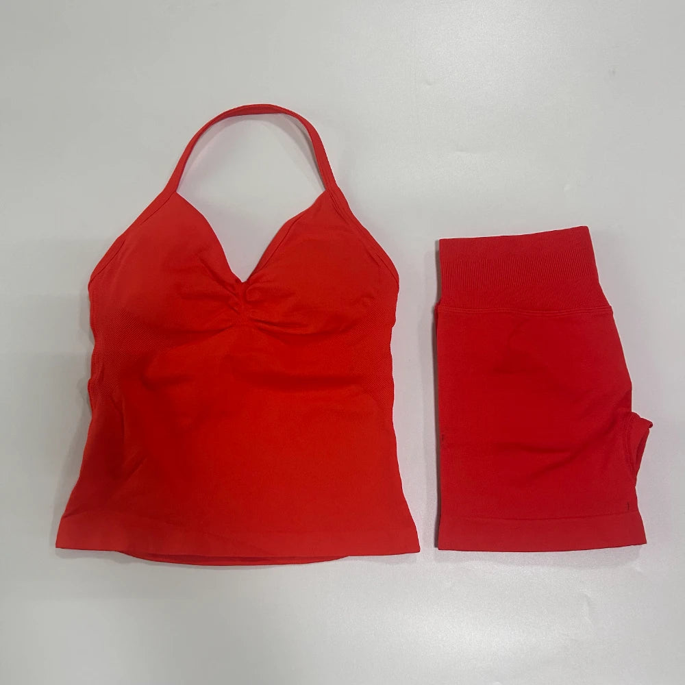 No Logo 2Pcs Gym Set Women Backless Tank Tops High Waist Scrunch Seamless Shorts Gym Suit Fitness Clothes Activewear Workout Set